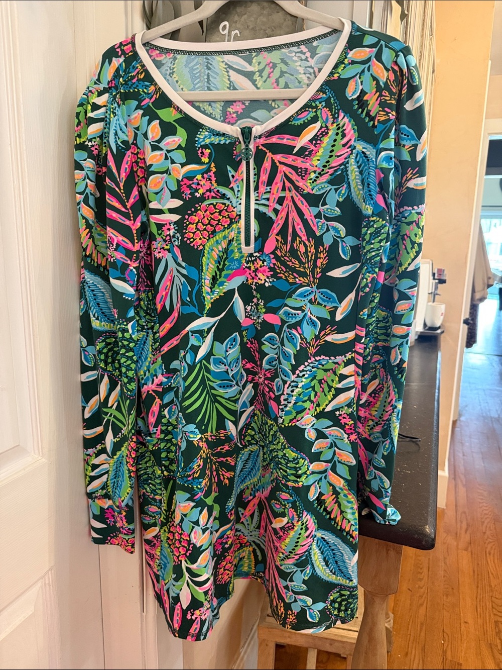 Lilly Pulitzer Tropical Floral Zip-Front Tunic in Green, Pink, Blue